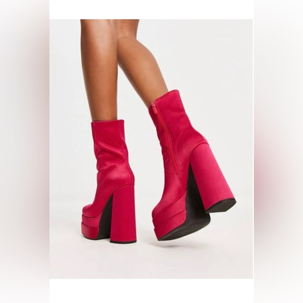 ASOS Fuchsia Satin Square Toe Hi Block Heel Platform Boots Sz 9 NWT - Picture 3 of 13